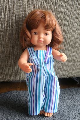 Doll overalls, blue stripe fabric, fits 38cm Miniland dolls