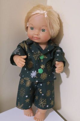 Doll pajamas, green with snowflakes, fits 30cm doll