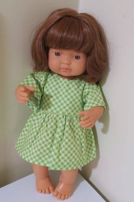 Doll dress, green gingham, fits 38cm Miniland dolls