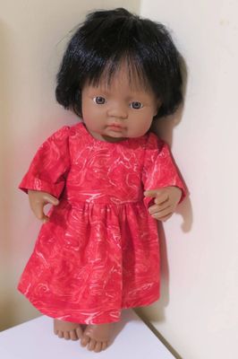 Doll dress, red, marble print, fits 38cm Miniland dolls