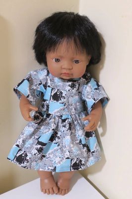 Doll dress, abstract blue and black, fits 38cm Miniland dolls