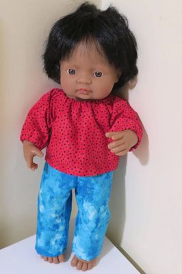 Doll blue pants and red shirt, fits 38cm Miniland dolls