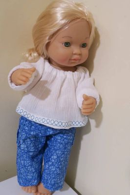 Pants and shirt, blue line pattern, embroidery on shirt, 30cm doll