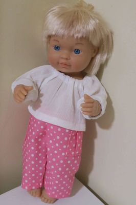 Pants and shirt, pink with white spots, fits 30cm doll