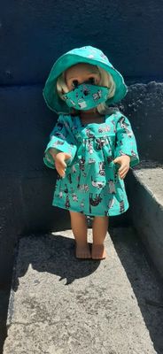 Cotton dress, mask and hat. Green cat print, fits 46cm doll