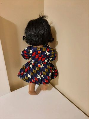 Doll dress, dark blue with geometric pattern, fits 38cm Miniland dolls