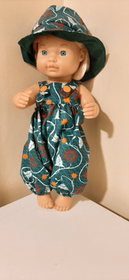 Overalls and matching hat, green wax print fabric, 30cm doll