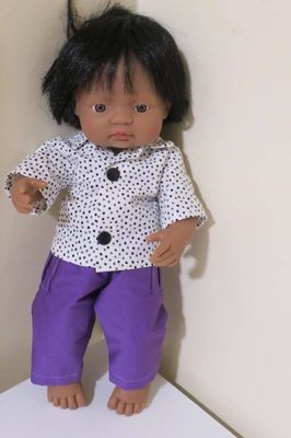 Doll shirt and pants set, black spots, fits 38cm Miniland dolls