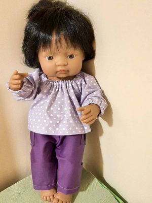 Doll shirt and pants set, purple, fits 38cm Miniland dolls