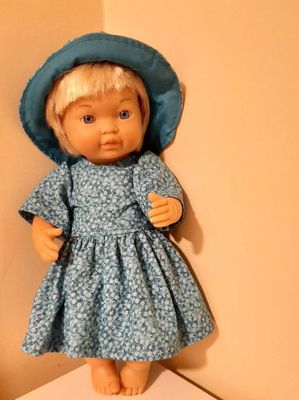 Doll dress and sunhat, blue, fits 30cm  dolls