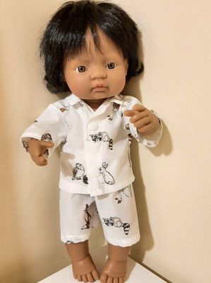 Pajamas, white with animal print, fits 38cm Miniland dolls