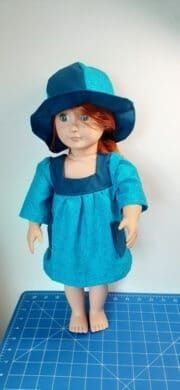 Doll dress and sunhat, blue, square neck, fits 46cm doll