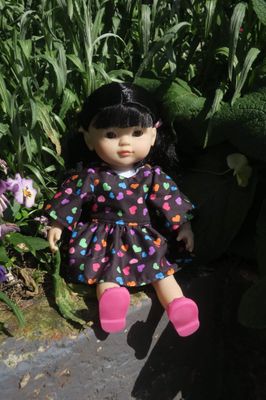 Dress and hat set, black with coloured hearts, fits 38cm Miniland dolls