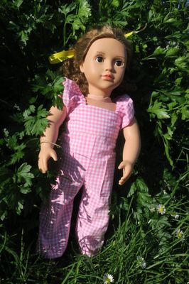 Overalls, pink/white gingham, fits 46cm doll