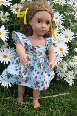 Doll dress, raspberry print, 46cm doll