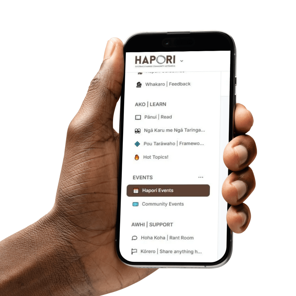 A hand holds a phone which is displaying the Hapori community page.