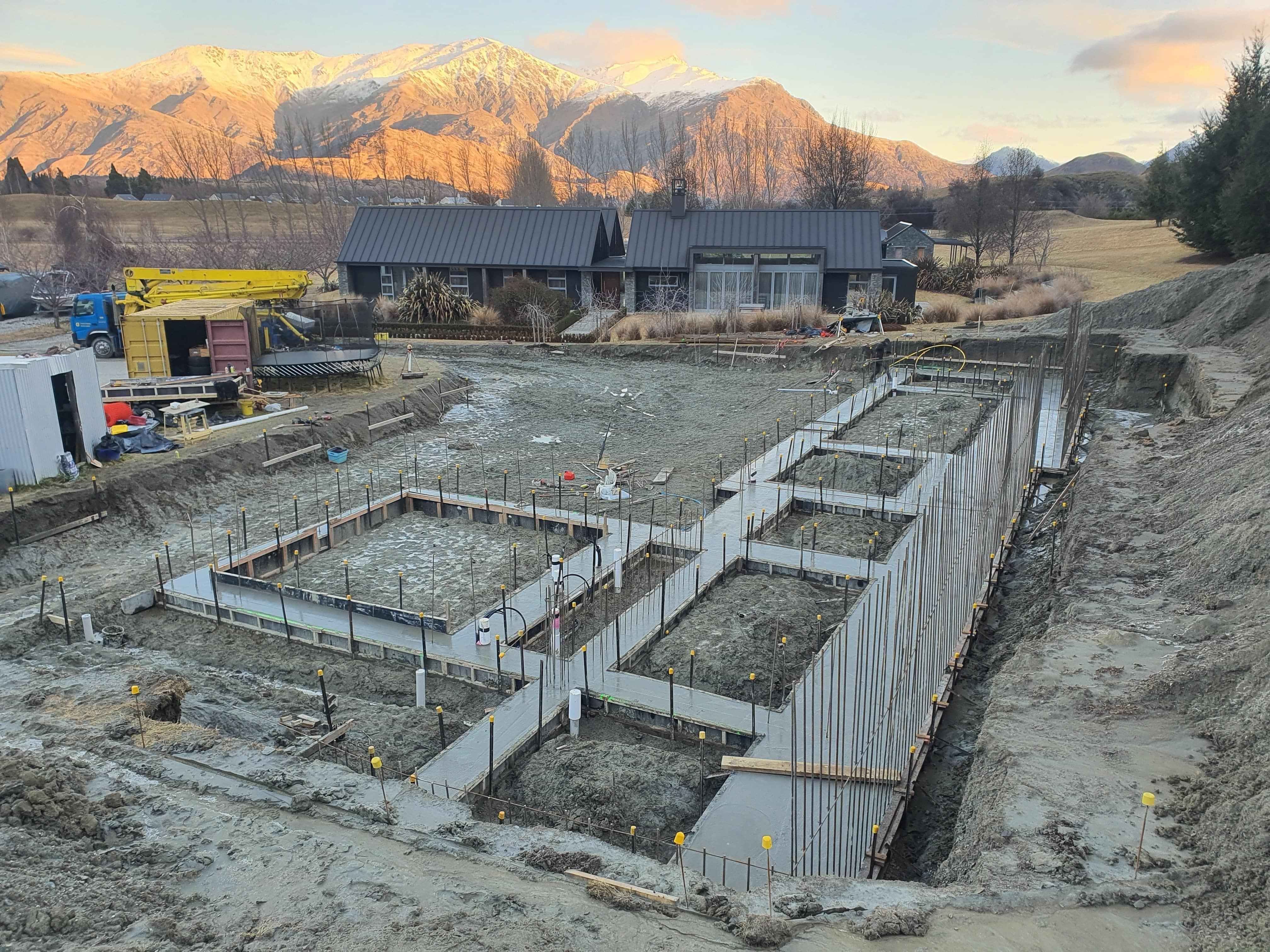 A first boxing and pour of concrete foundations in Arrowtown, NZ.