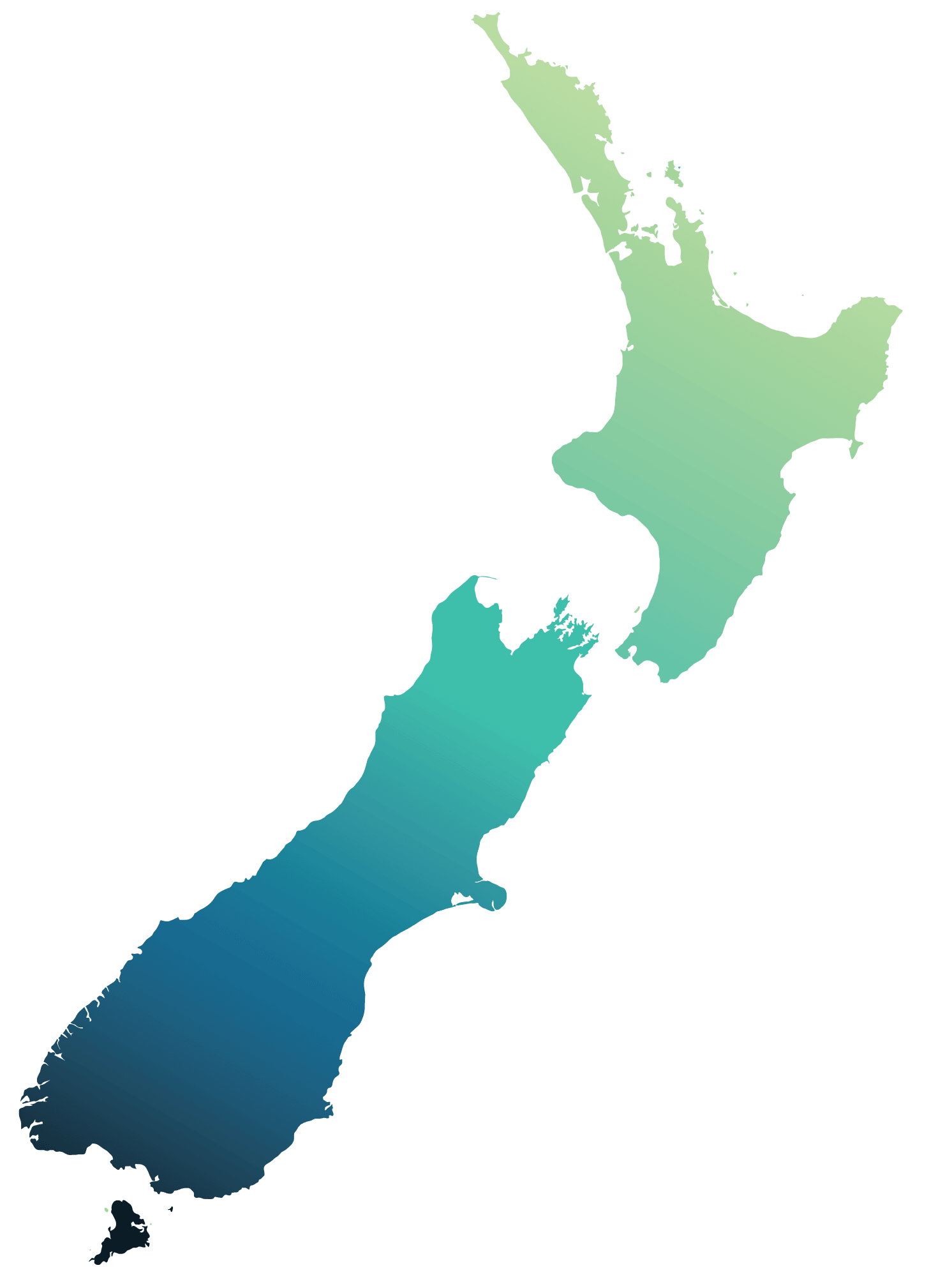 An image of New Zealand with Auckland, Hamilton, Palmerston North, Christchurch and Dunedin highlighted.