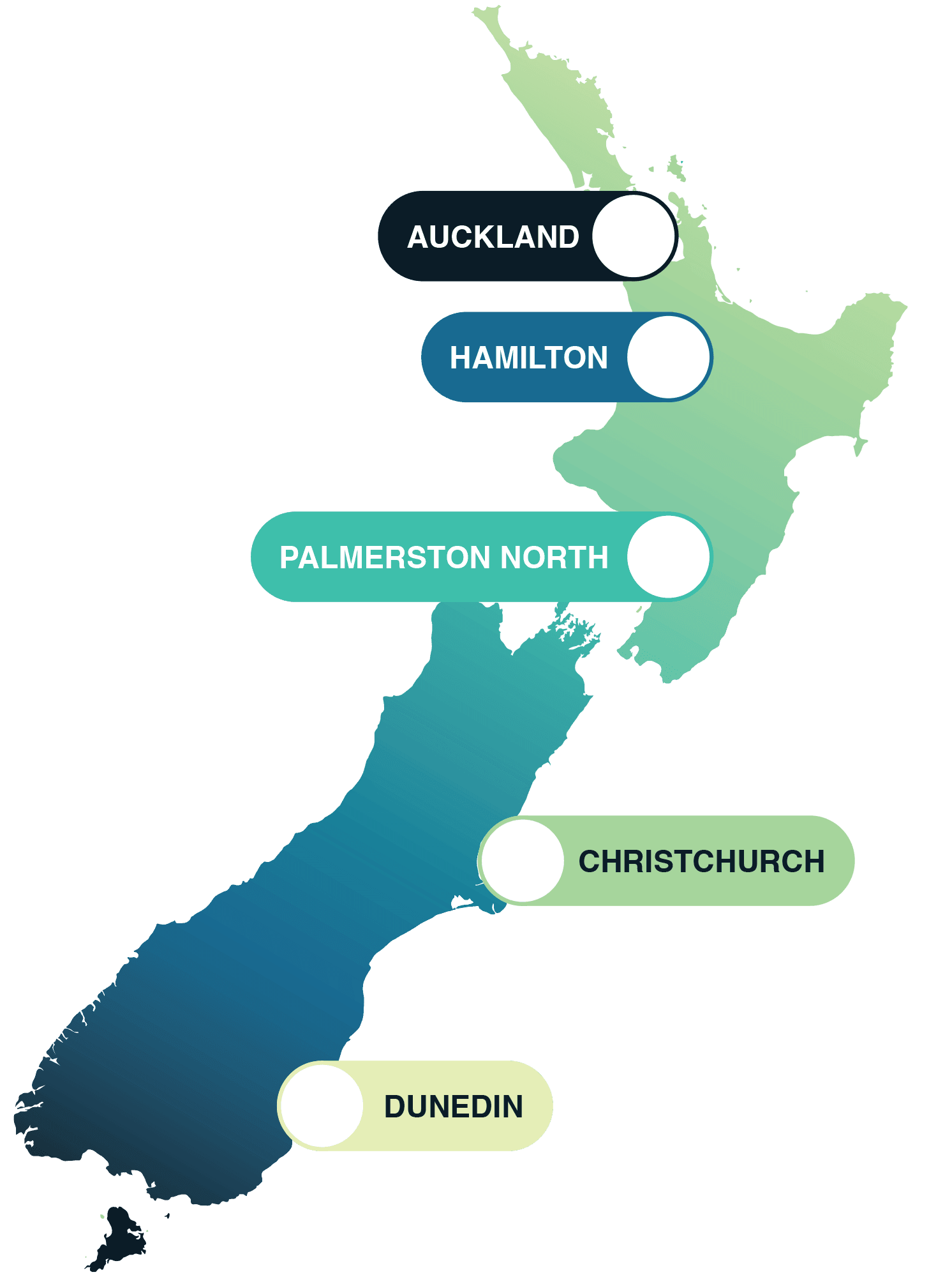 An image of New Zealand with Auckland, Hamilton, Palmerston North, Christchurch and Dunedin highlighted.
