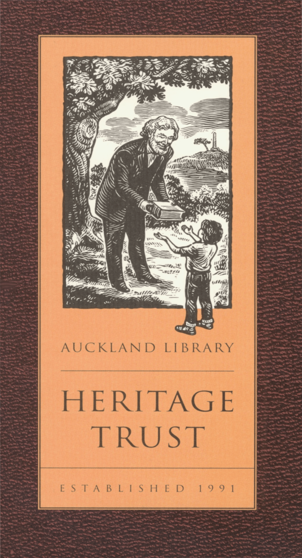 Bookplate: a smiling man hands a book to a small boy. One Tree Hill in the background. 'Auckland Library Heritage Trust established 1991.'