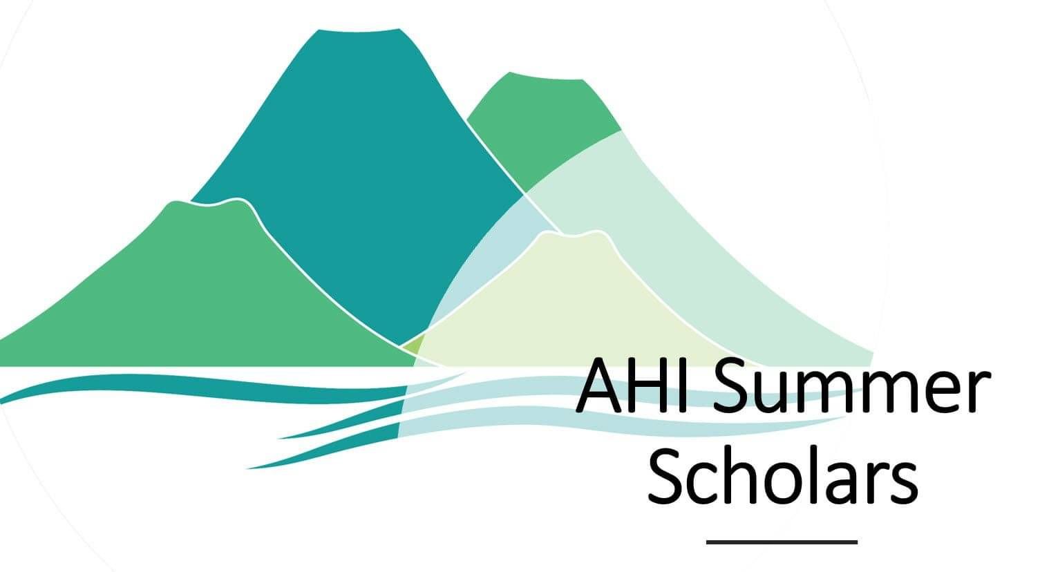 Logo: AHI Summer Scholars. Graphic of mountains/volcanoes and water.