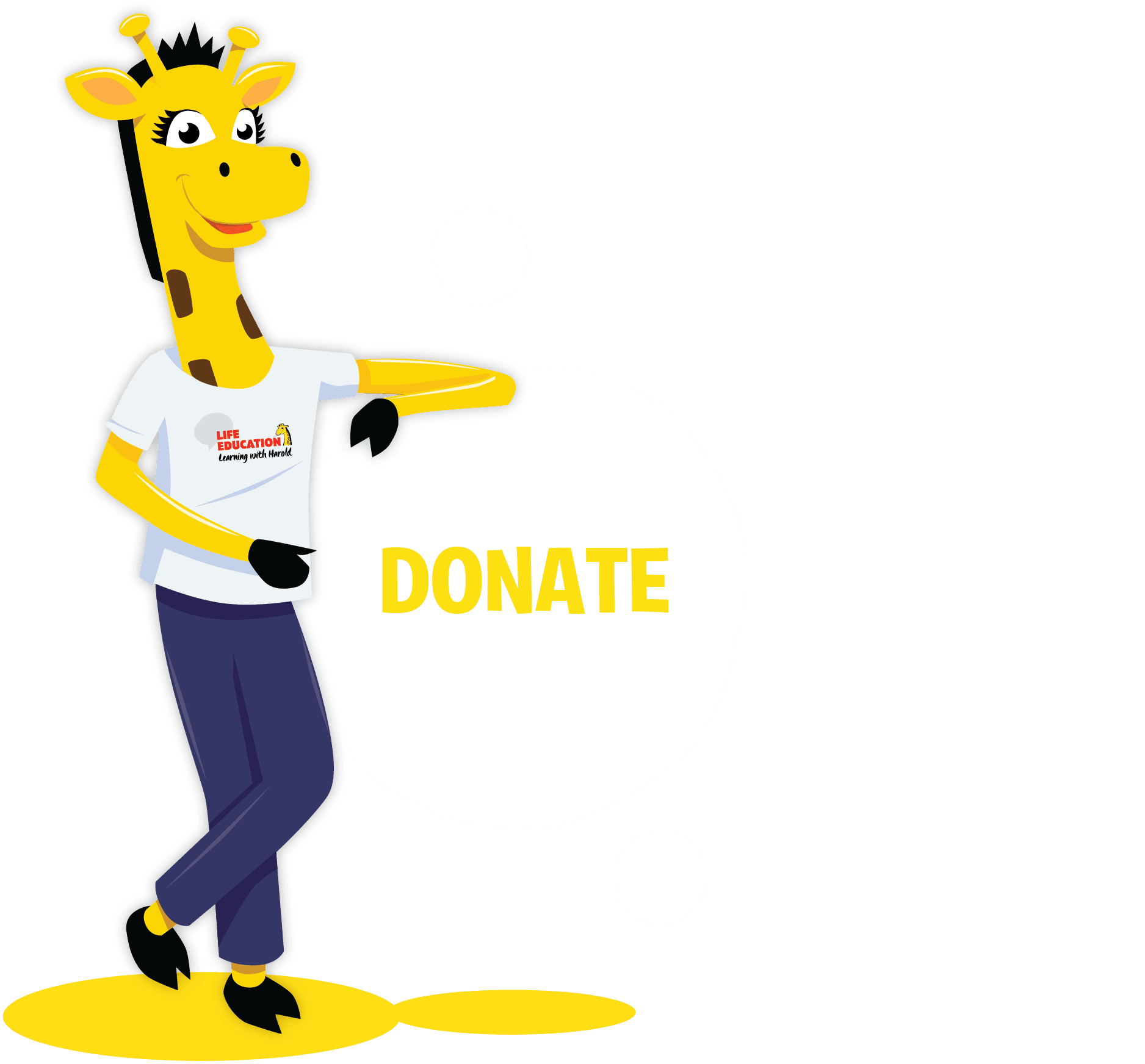 Harold the giraffe holding a donate button