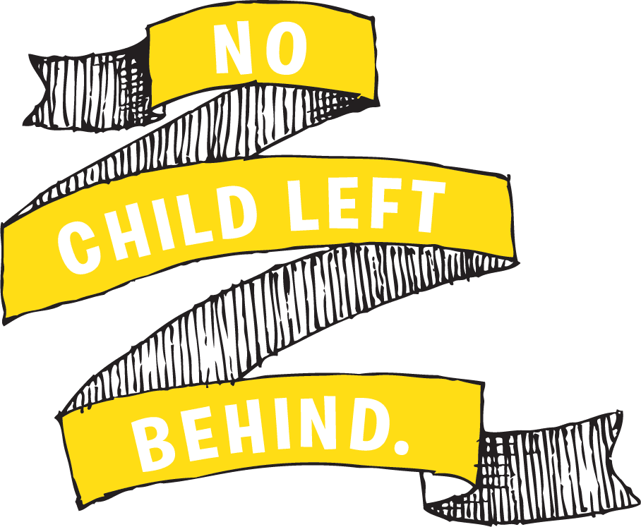 Harold the giraffe ribbon saying 'No child left behind'