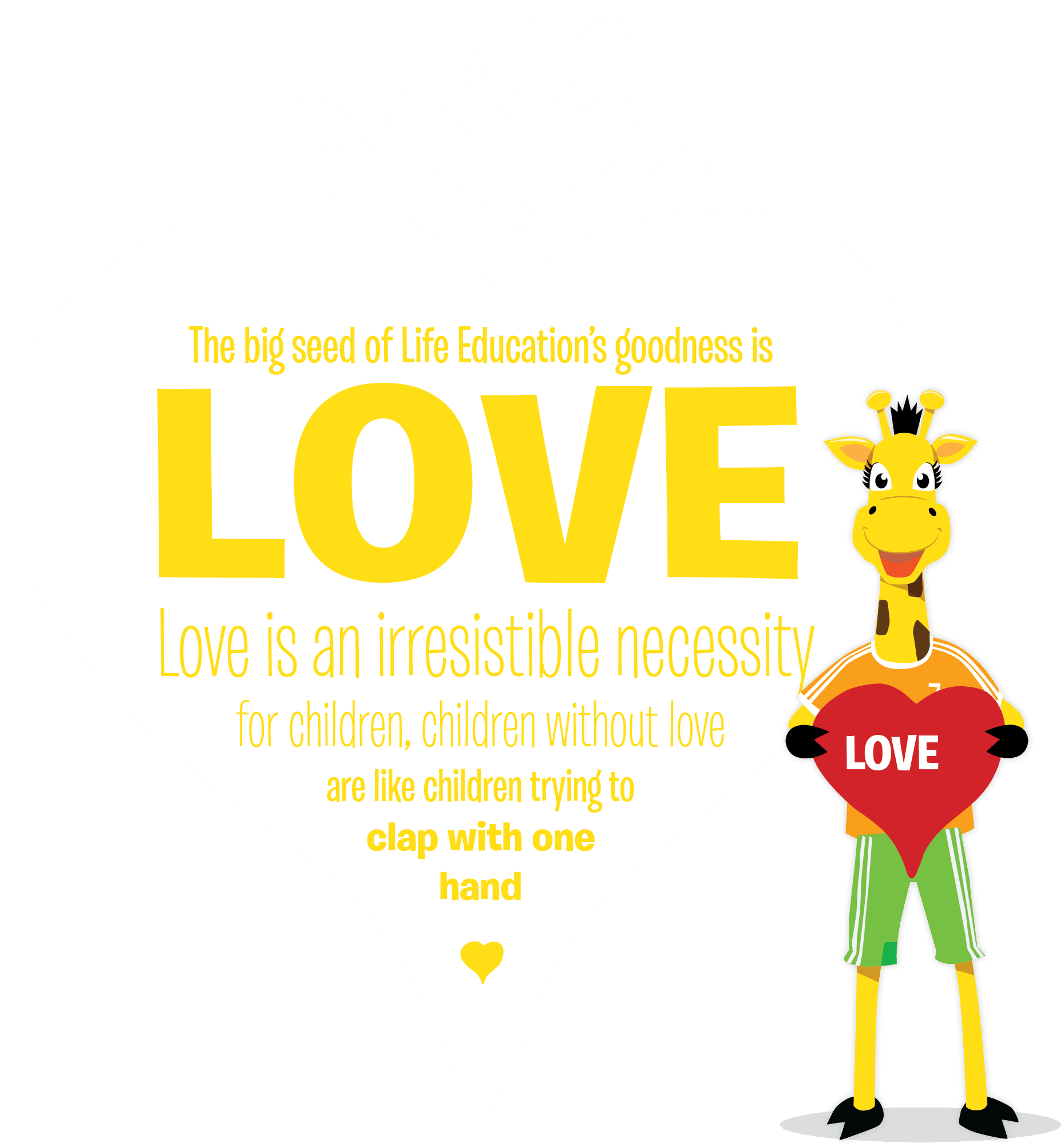 Harold the Giraffe holding a love graphic