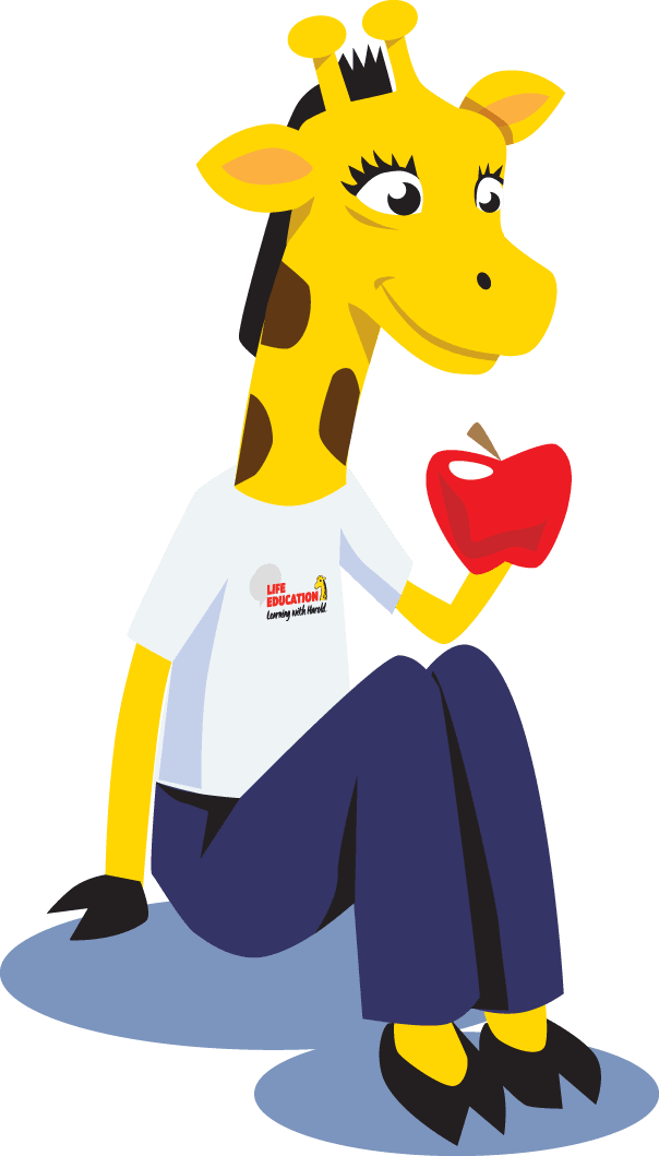 Harold the Giraffe holding an apple