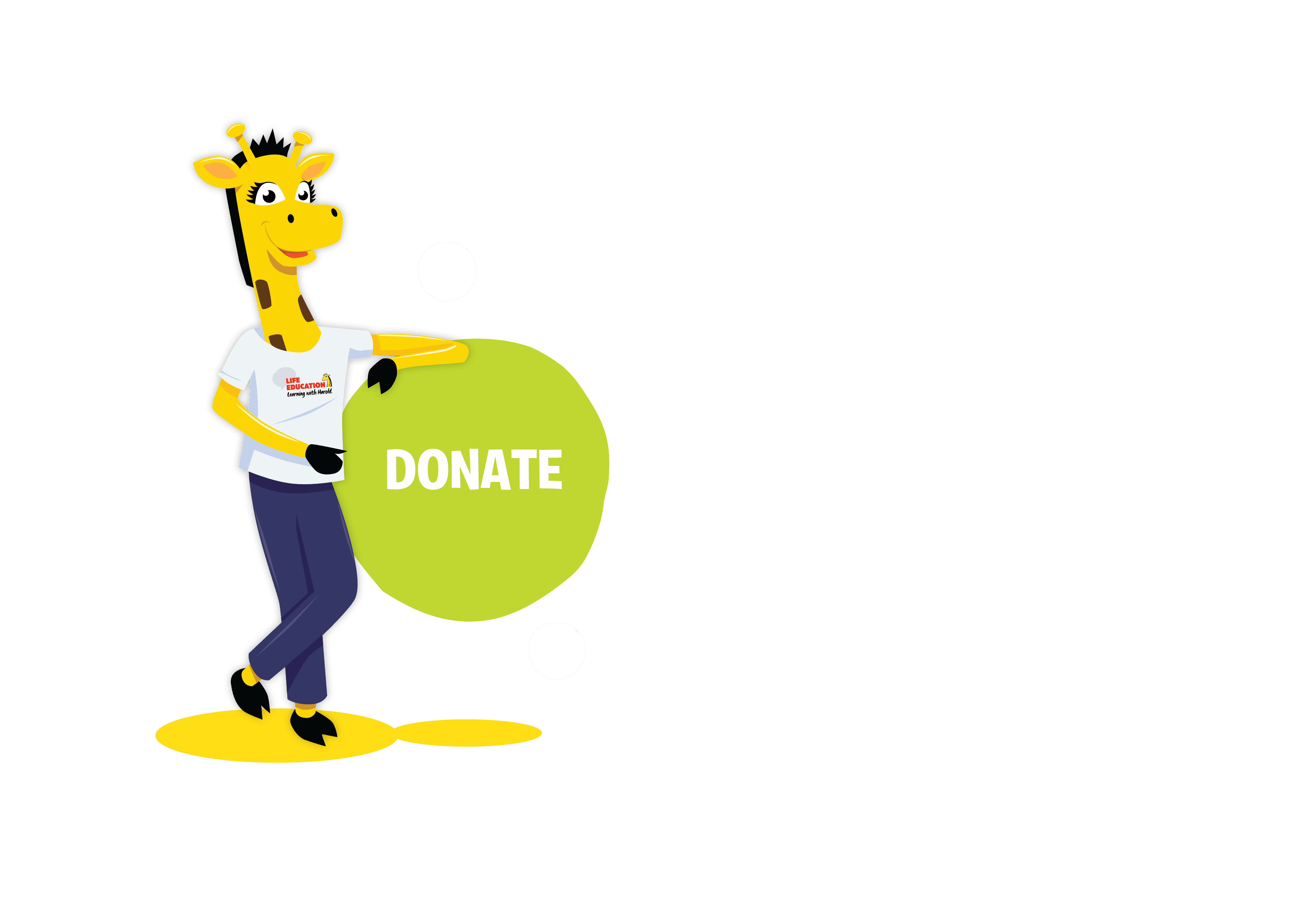 Harold the Giraffe holding a donate button