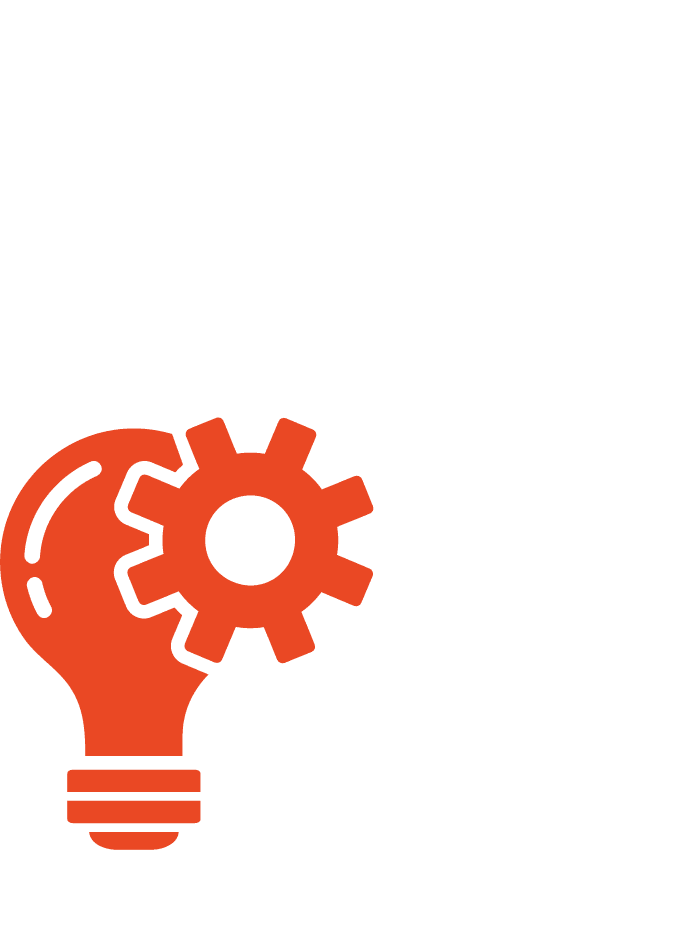 Red icon of a light bulb with a cog overlapping at the top right