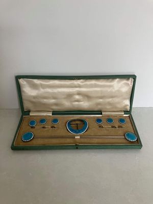 Boxed set of sterling silver and guilloche enamel buttons, buckle and hatpins