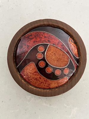 Small kauri trinket box with enamelled panel on the top - likely the work of Elizabeth Fraser-Davies