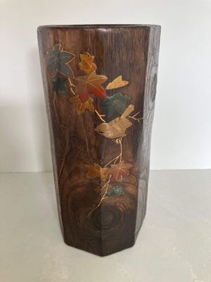 Vintage Japanese Kiri (Pawlonia) Wood Ikebana Vase with Lacquered Design