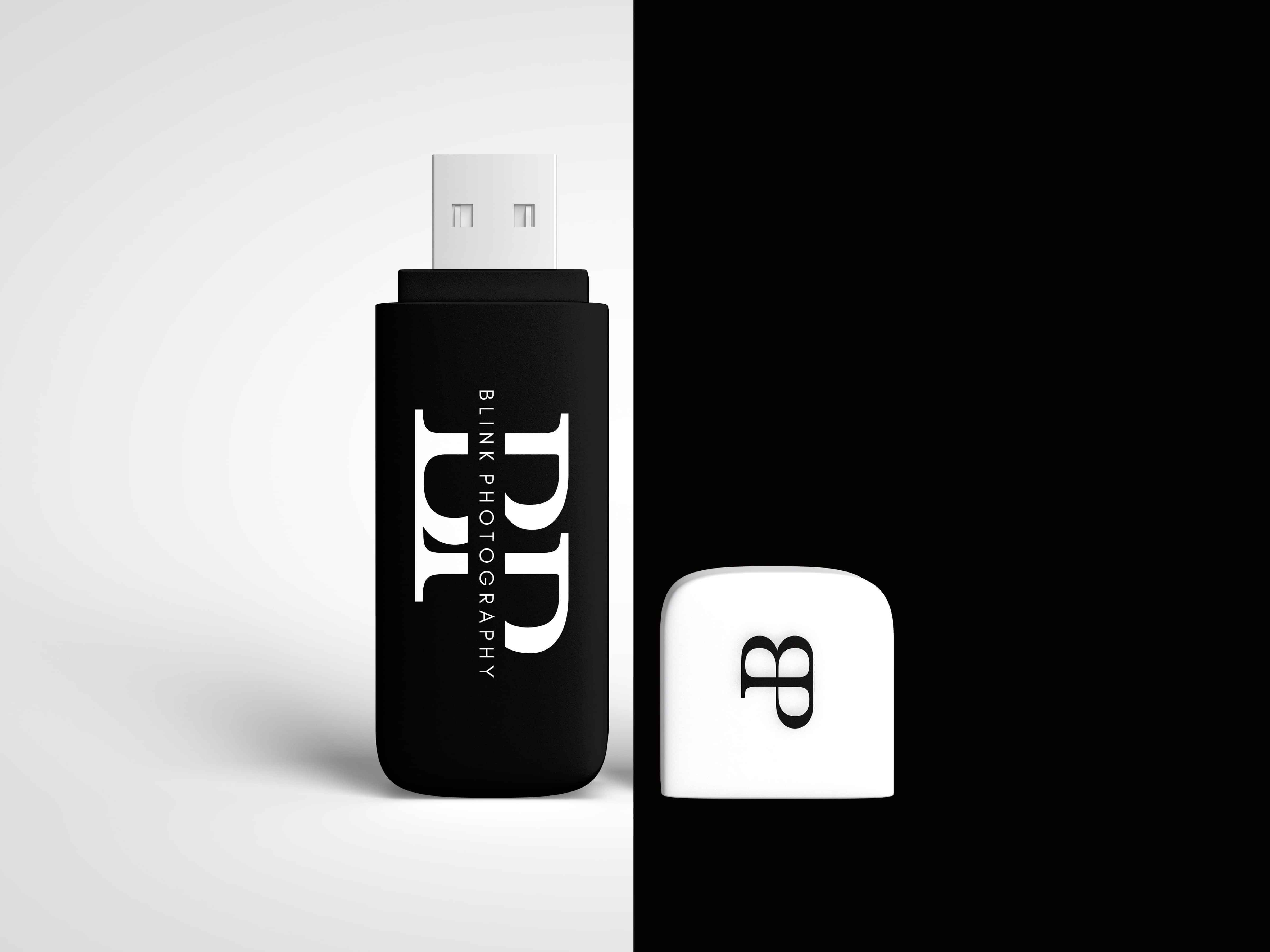 Branded USB flash drive mockup showcasing Rae Creative's branding work for Blink Photography