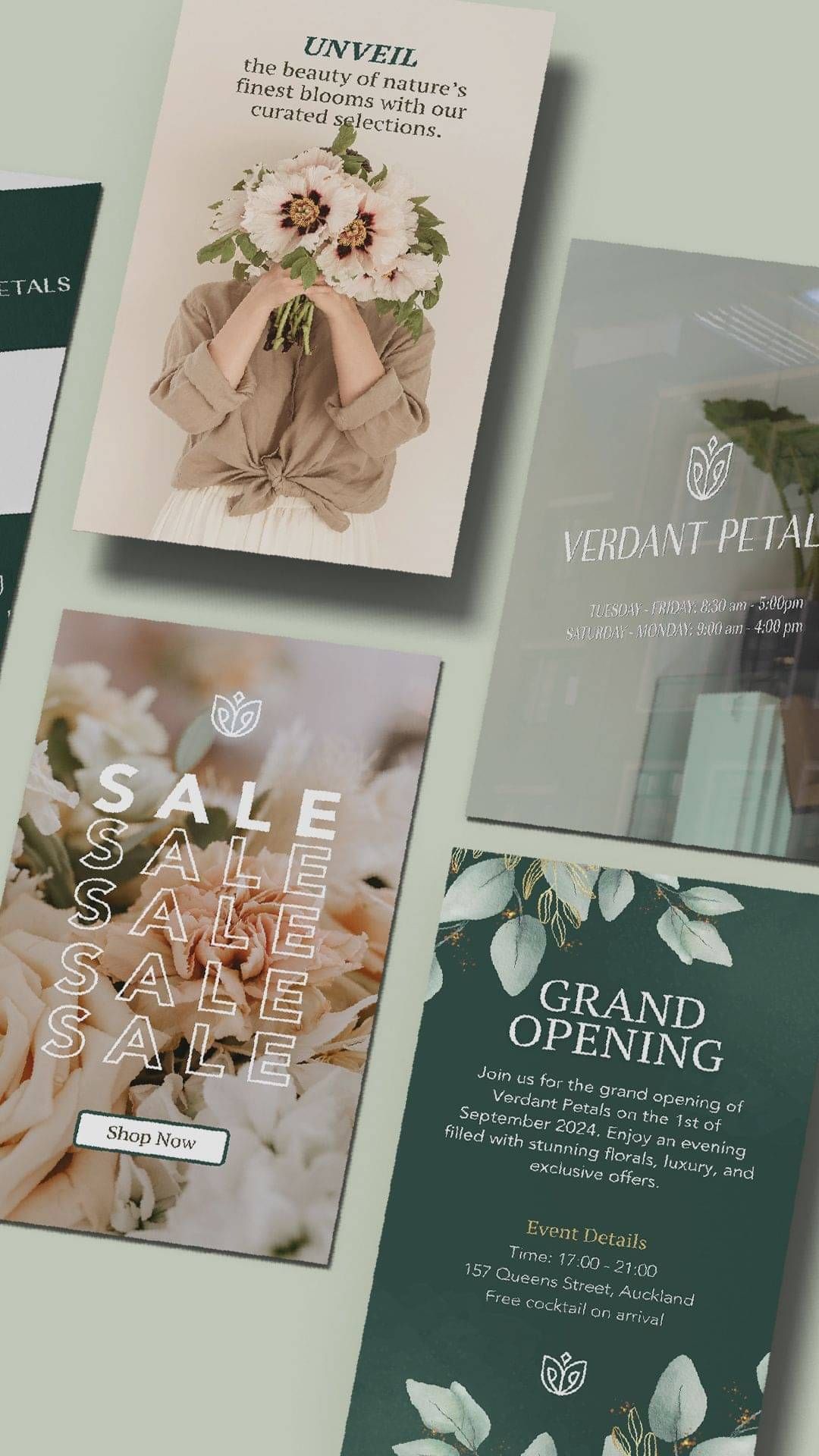 igital marketing mockups for 'Verdant Petals,' showcasing social media stories and event invitations.