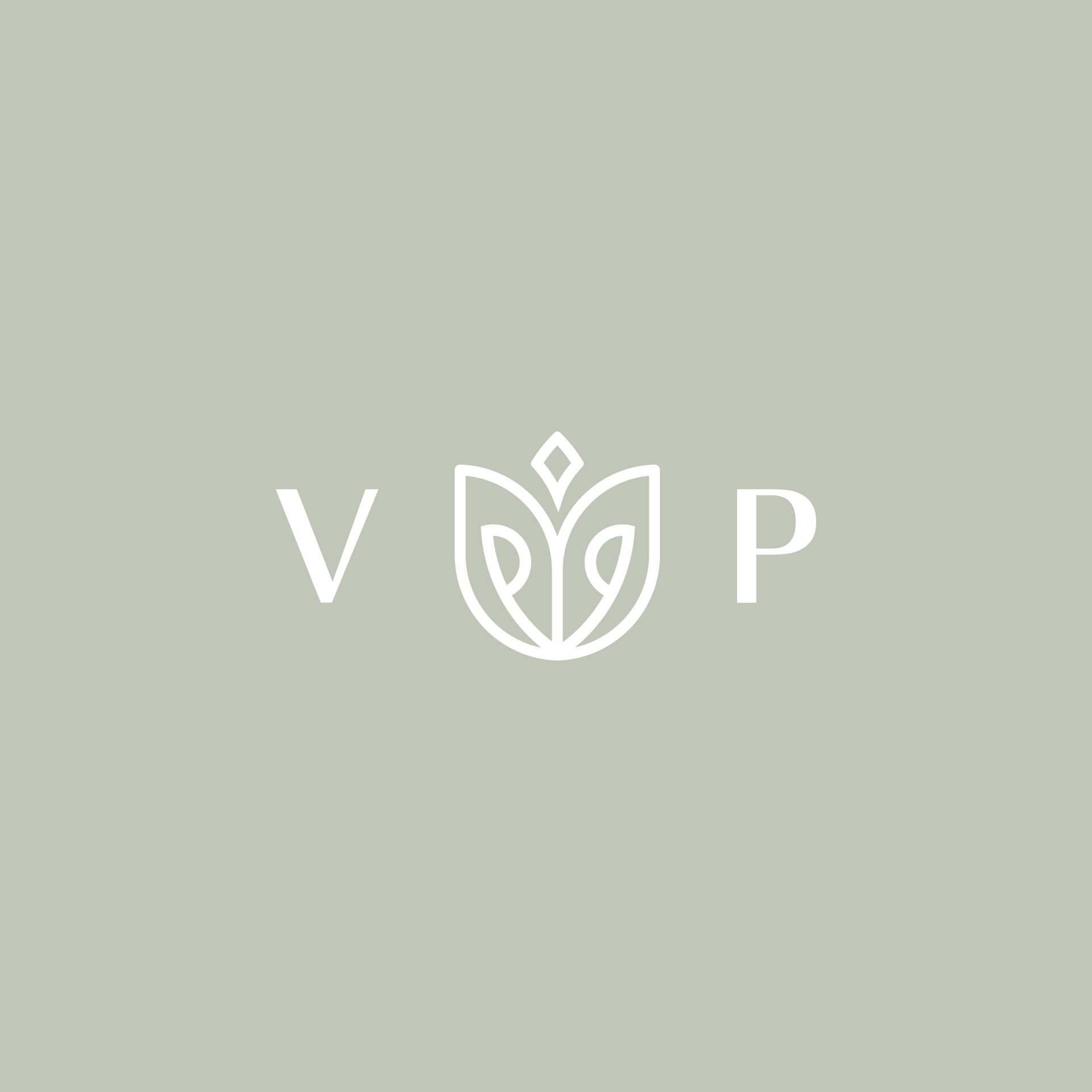 Verdant Petals 'V P' white logo emblem on a sage green background.