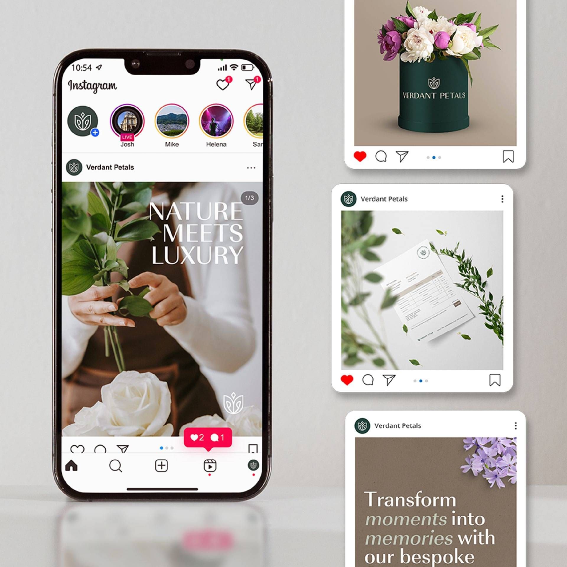Mockup of the Verdant Petals Instagram feed showing luxury floral posts and the 'Nature Meets Luxury' tagline.