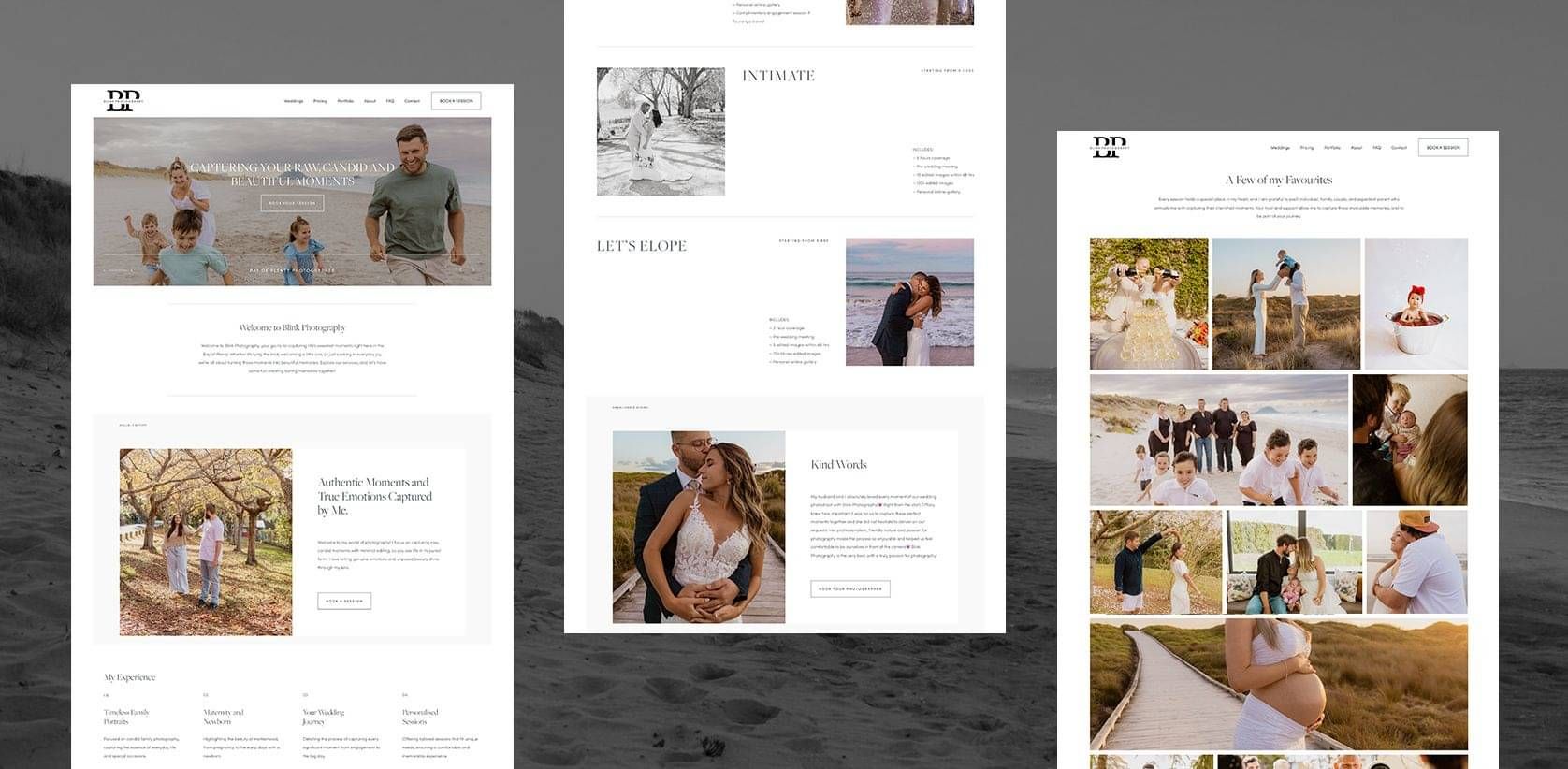Three website mockups displaying the homepage, services page, and photo gallery for Blink Photography, showcasing clean, minimal design.