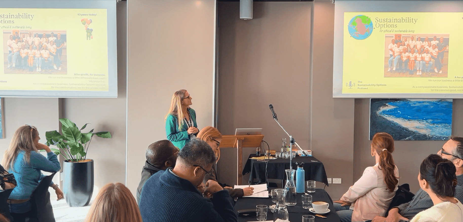 Presenter delivering a workshop on purpose-driven leadership and sustainability