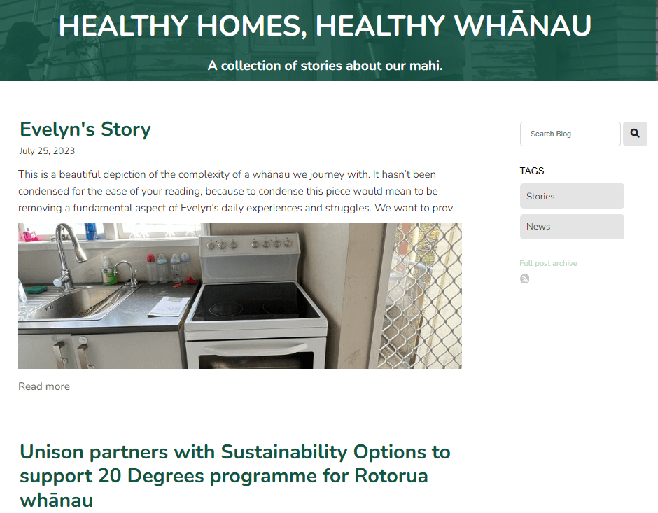 Image of blog with Evelyn's Story and photo of kitchen