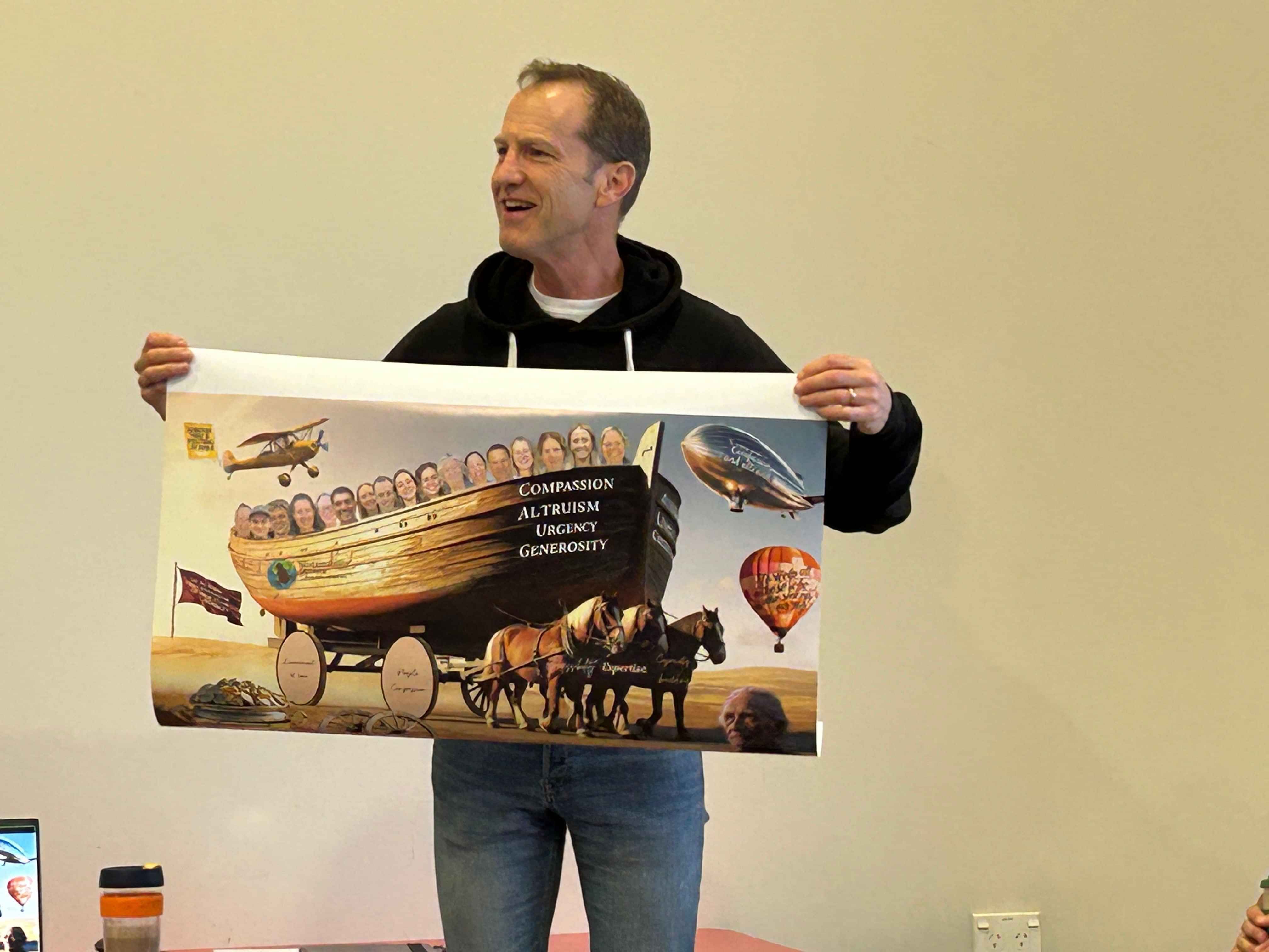 Illustration of a traditional waka with people, horses, and hot air balloons symbolising journey, purpose, and teamwork