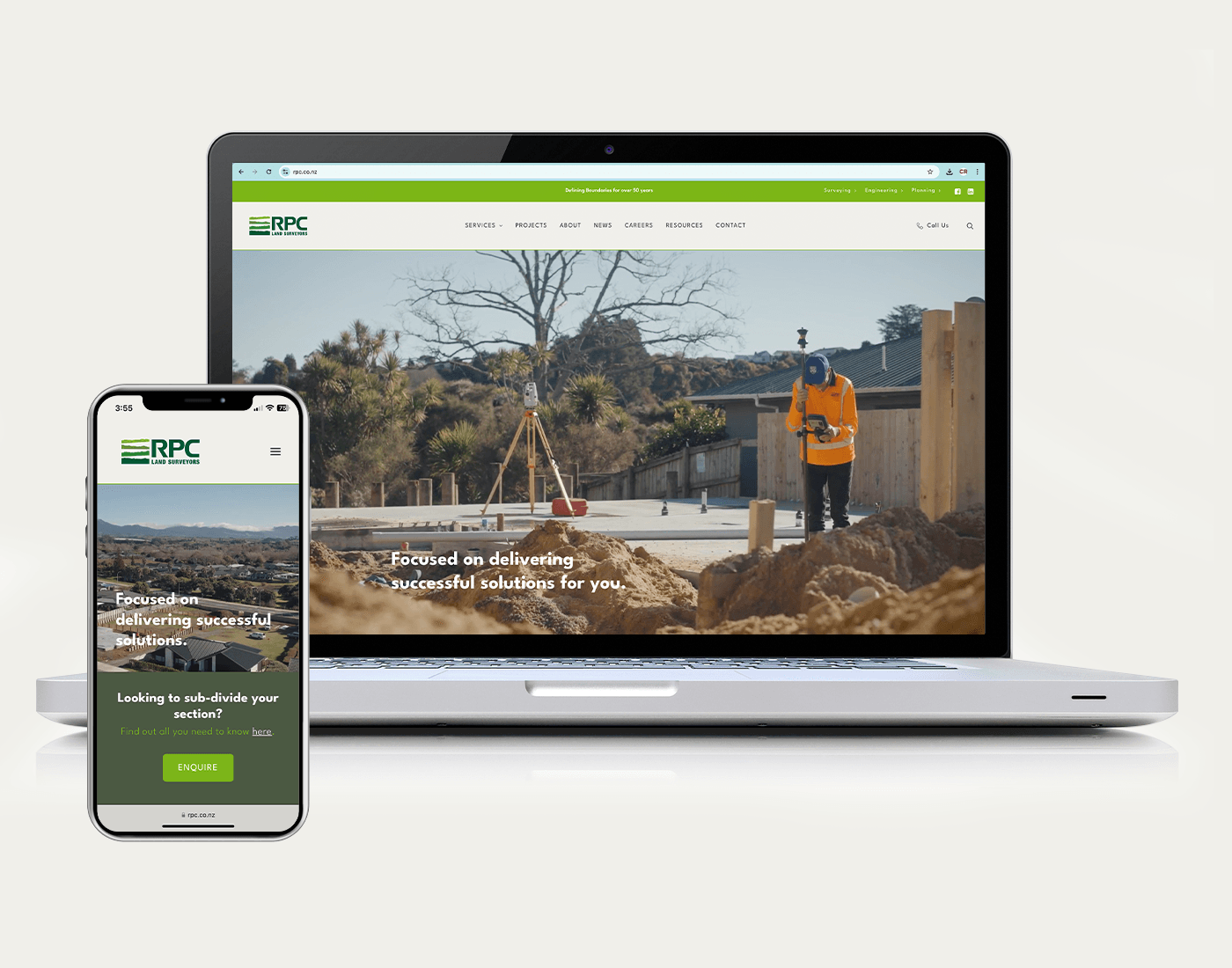 Website homepage example for RPC land Surveyor on laptop and responsive website version on smartphone
