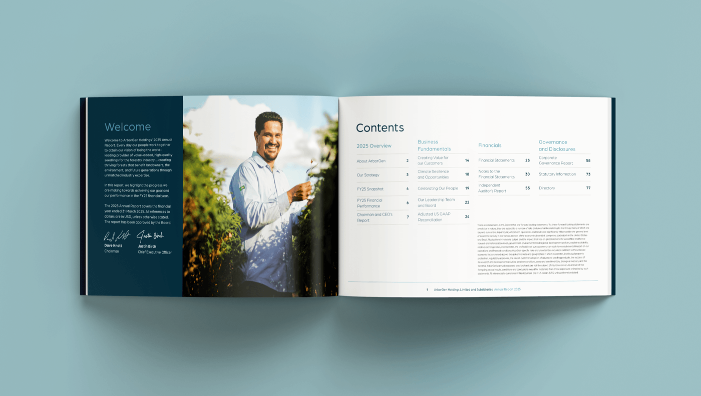 Annual report spread showing the introduction page on the left with text and a person photo and contents on the righthand page.