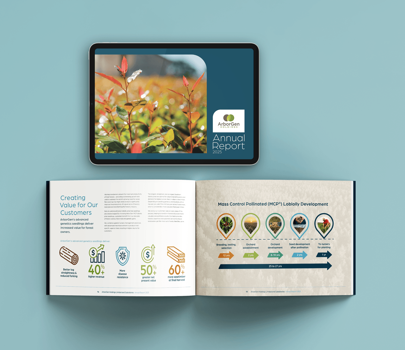 Annual report cover displayed on an iPad along with open pages of corporate document with series of custom icons and full page infographic