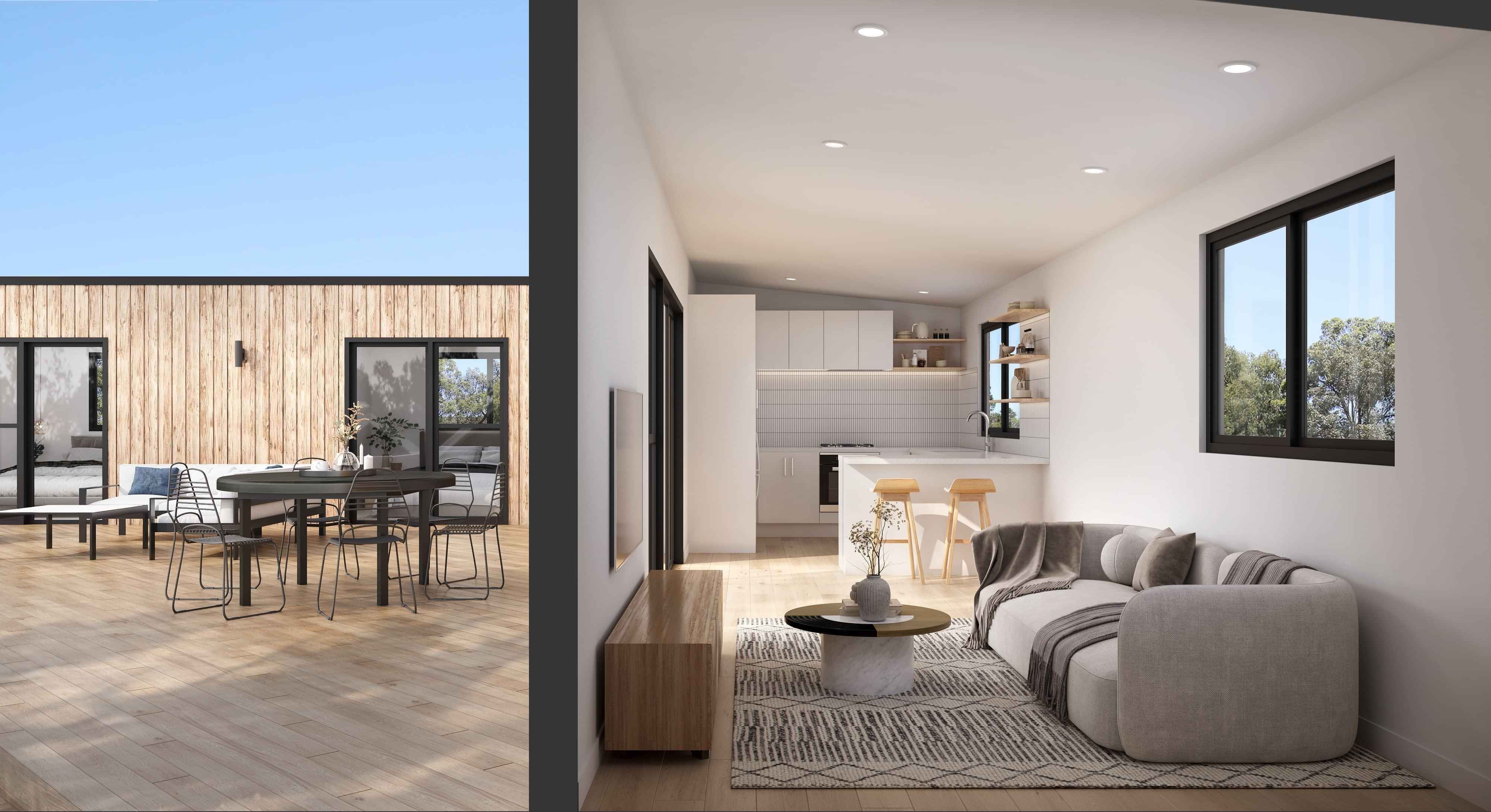 Image of the transportable cabin interior, built by Whitechurch Construction, Waikato residential builders.