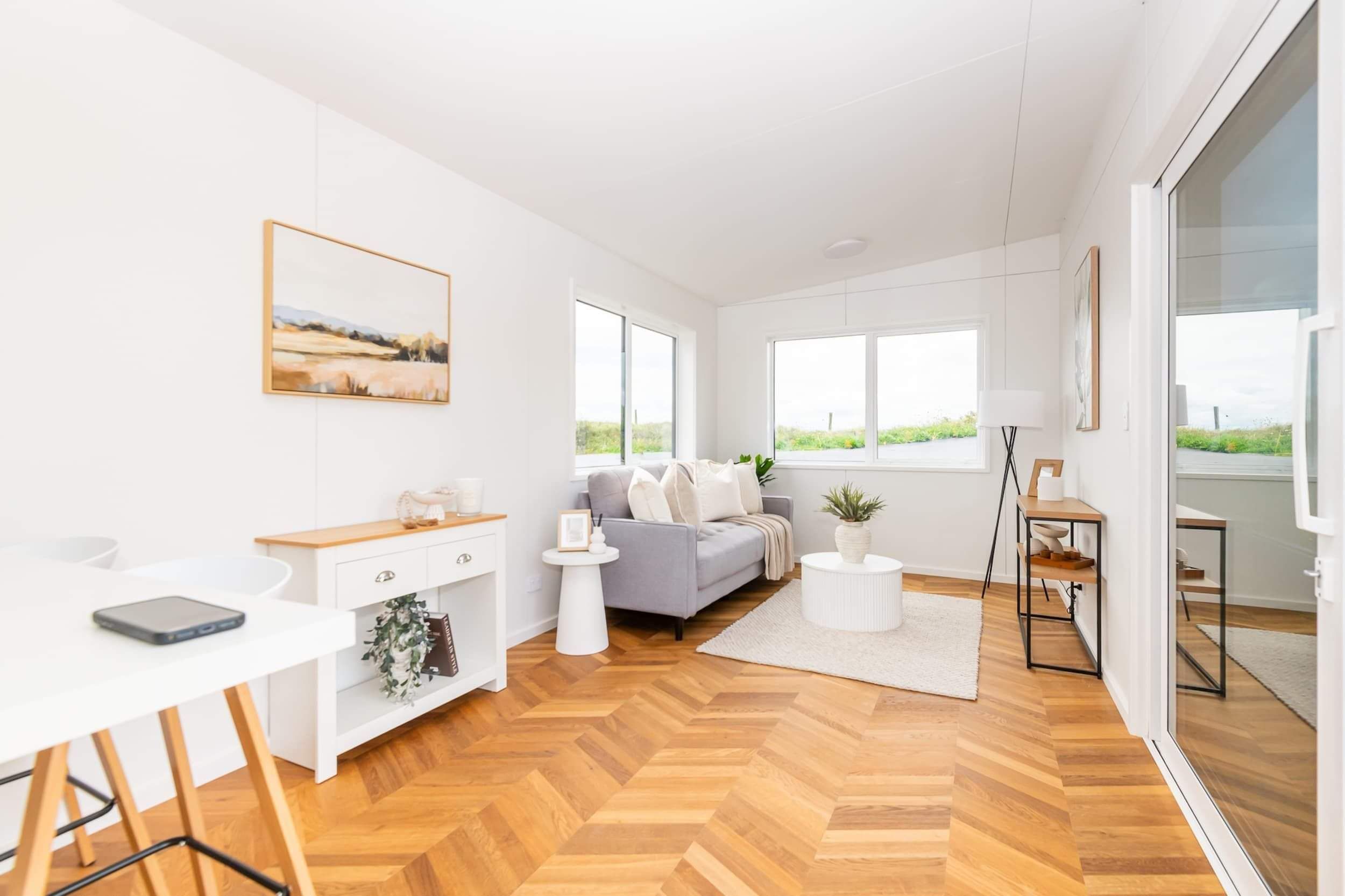 wide image of tiny home cabin lounge area