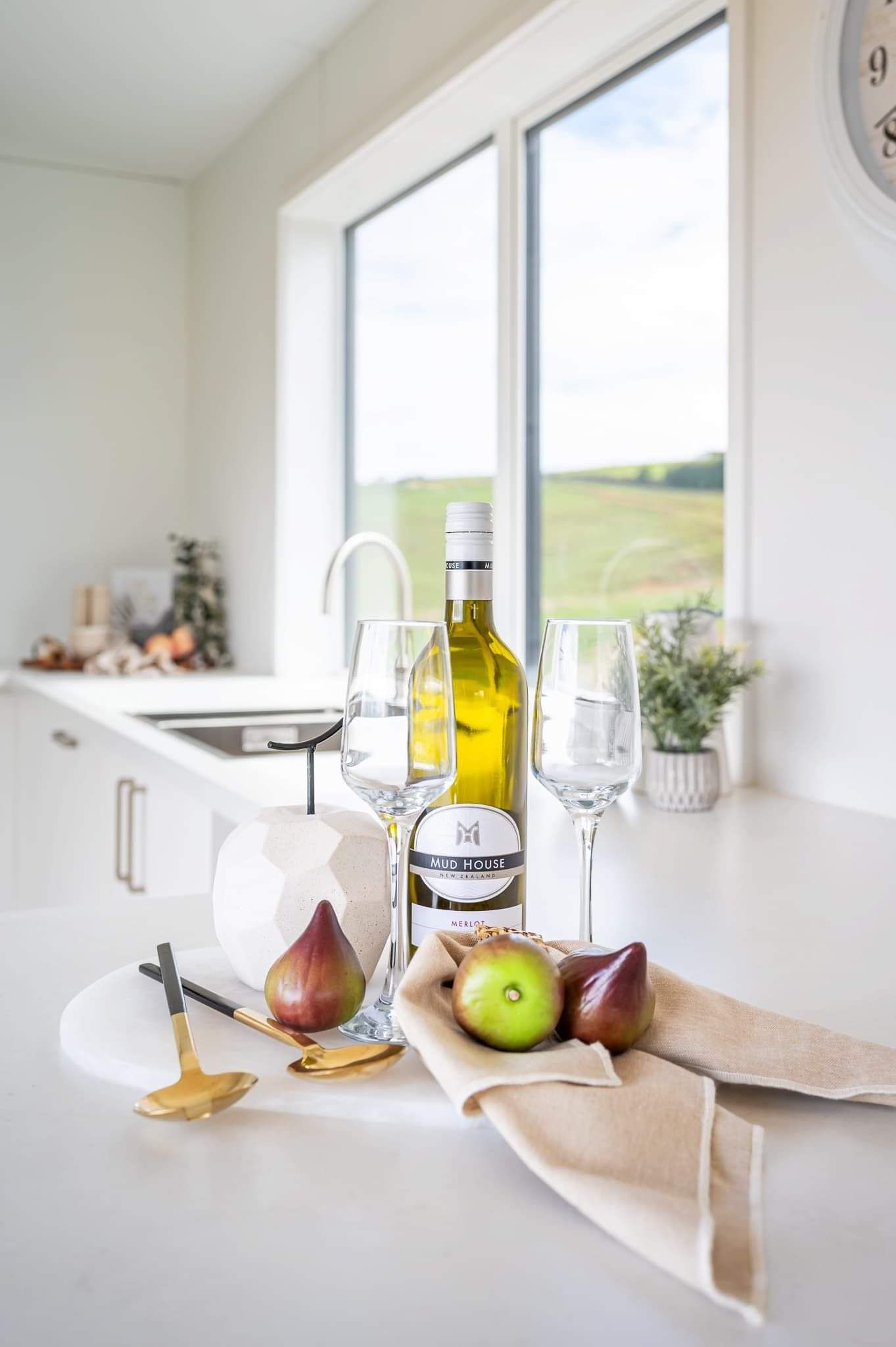 tiny home cabin bench top with wine and glasses on top