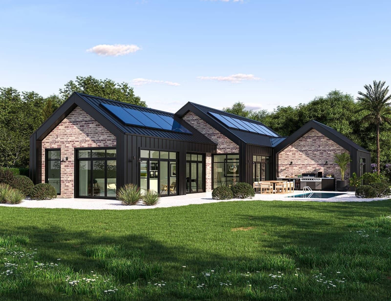 brick house with black roof