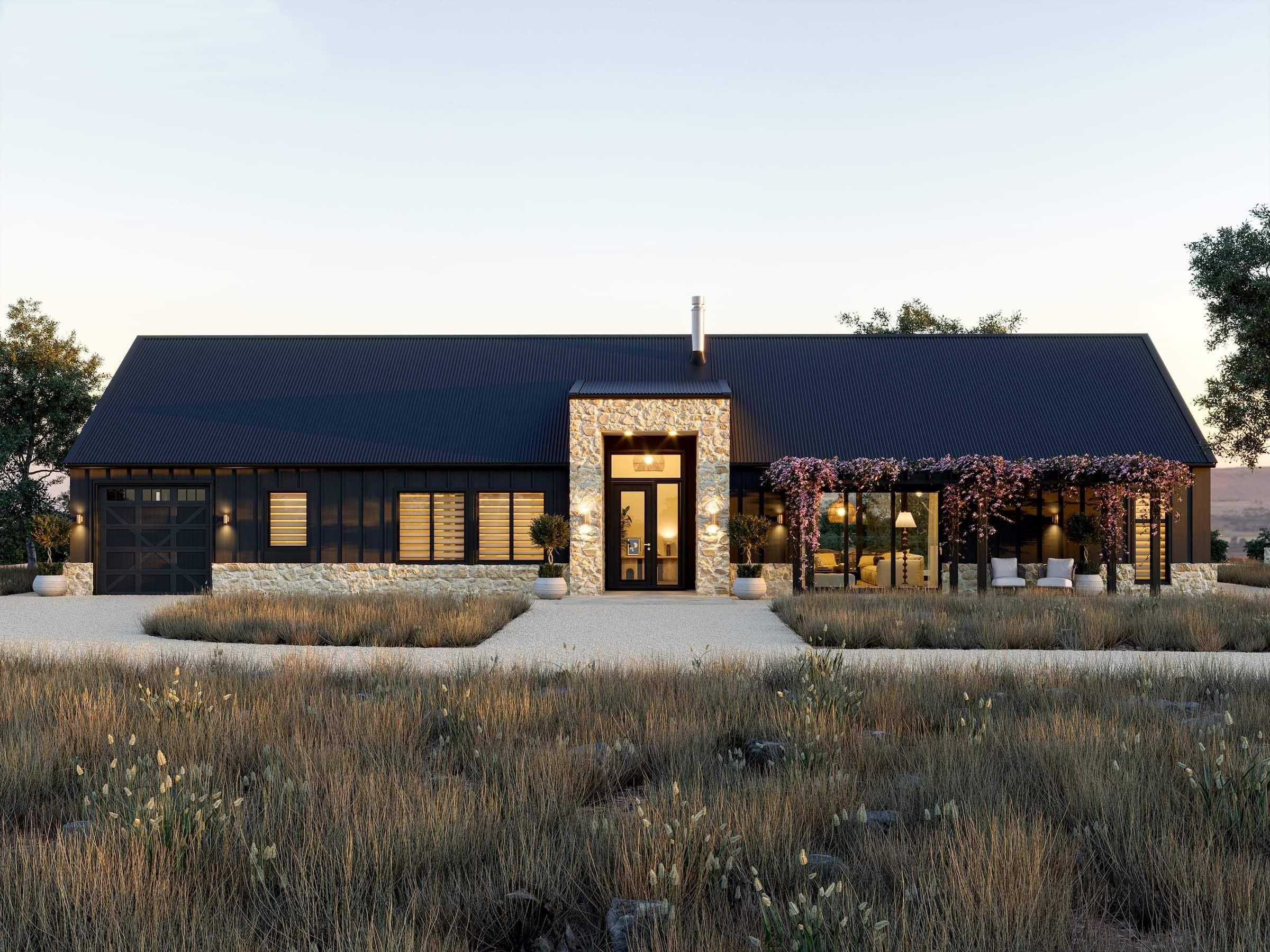 modern house plan with black roof and brick 